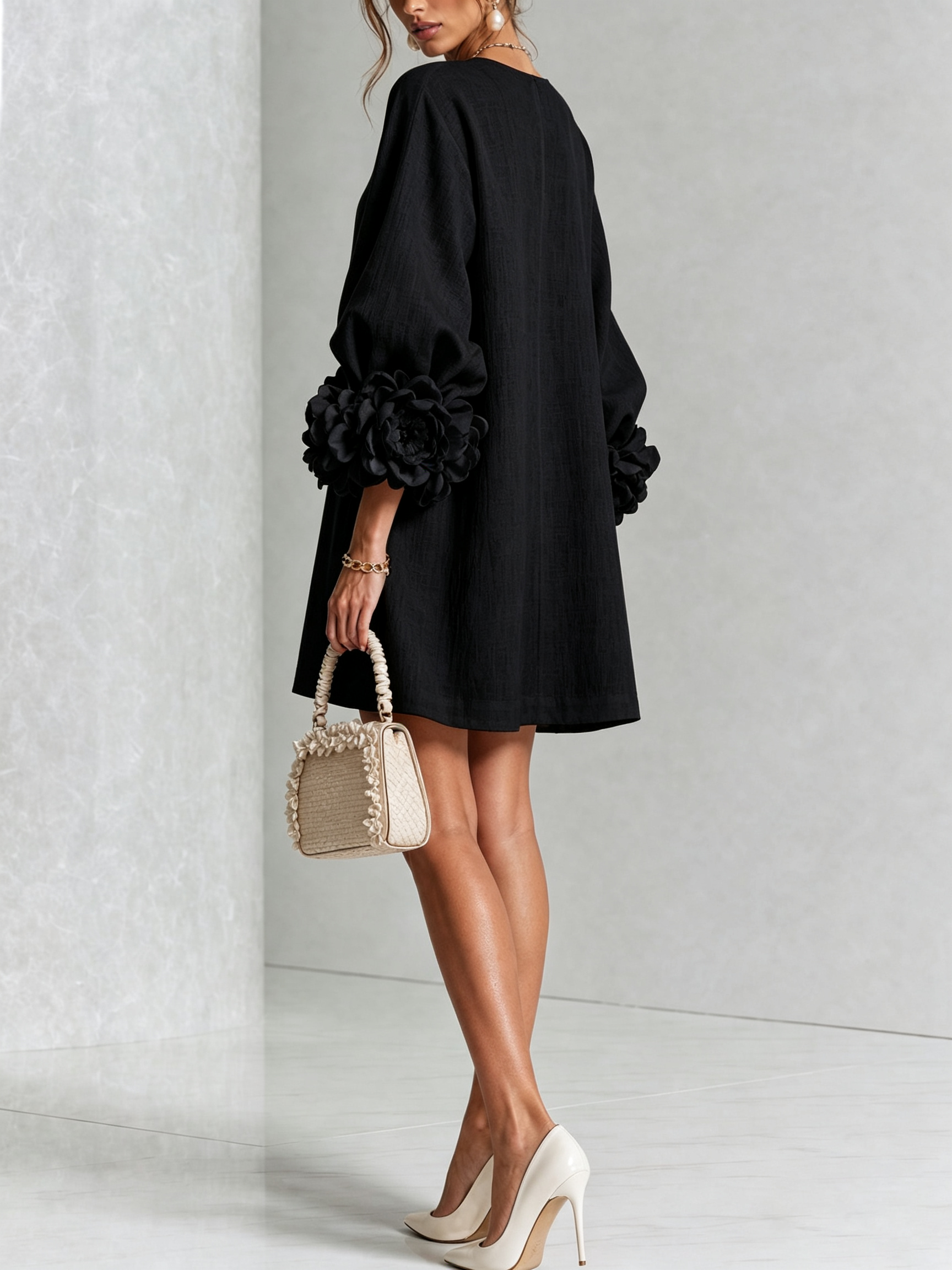 Black Mini Dress with Floral Buttons and Rose-Shaped Cuffs — view 4