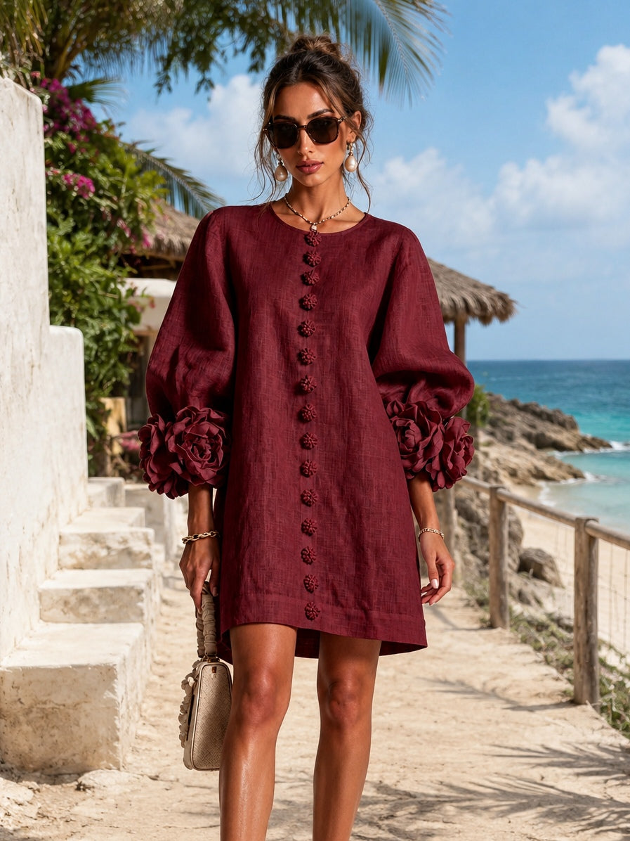 Burgundy Mini Dress with Floral Buttons and Flower Cuffs — view 6