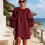 Burgundy Mini Dress with Floral Buttons and Flower Cuffs — view 6