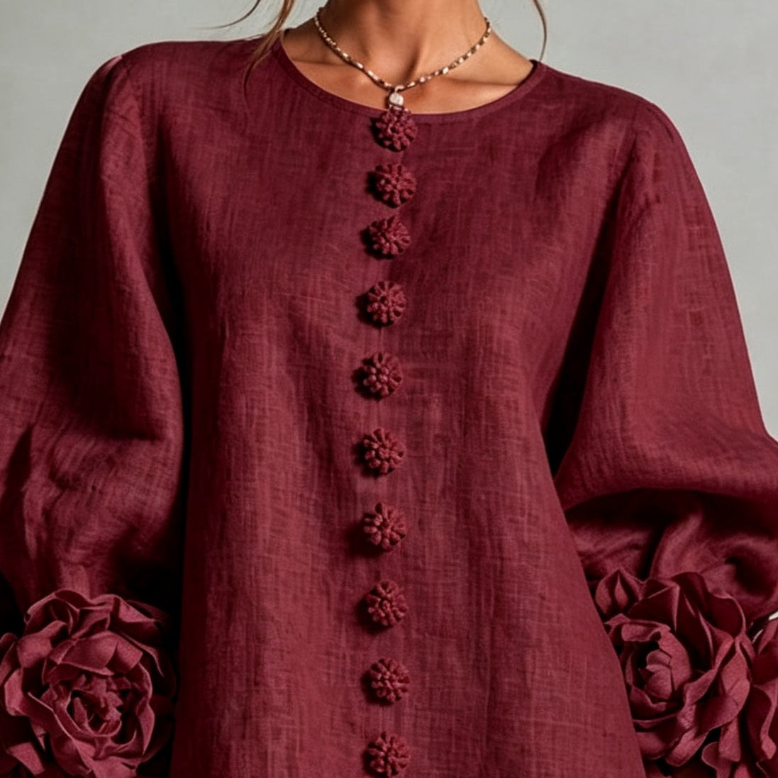 Burgundy Mini Dress with Floral Buttons and Flower Cuffs