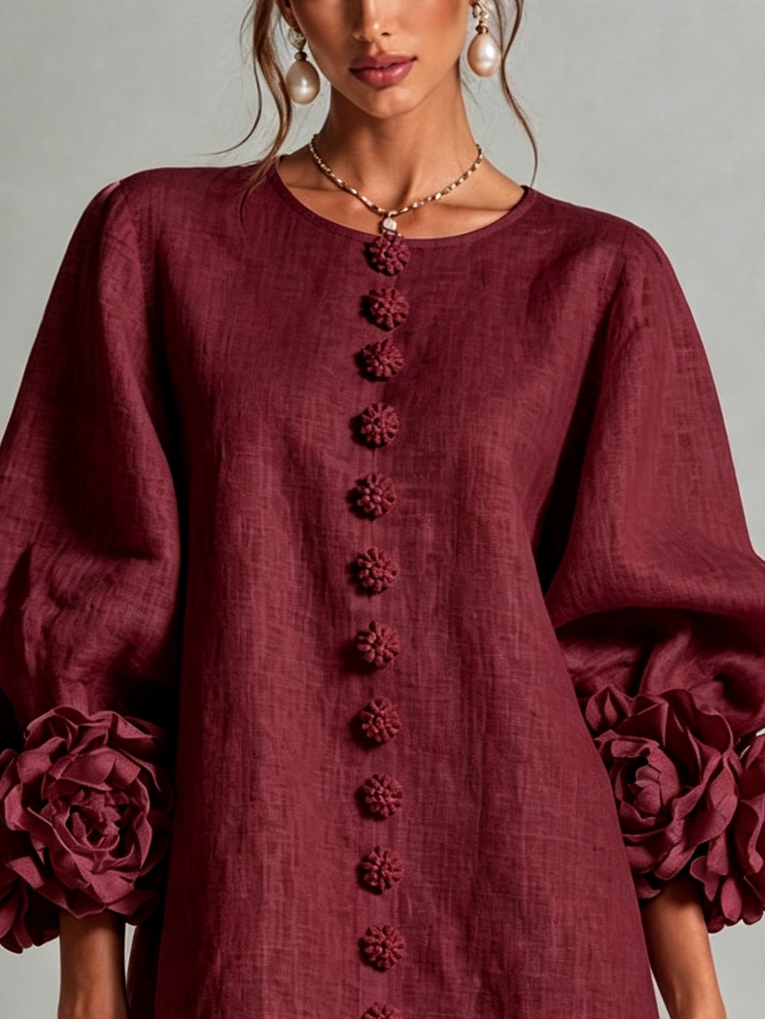 Burgundy Mini Dress with Floral Buttons and Flower Cuffs