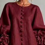 Burgundy Mini Dress with Floral Buttons and Flower Cuffs