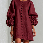 Burgundy Mini Dress with Floral Buttons and Flower Cuffs — view 2