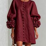 Burgundy Mini Dress with Floral Buttons and Flower Cuffs — view 2