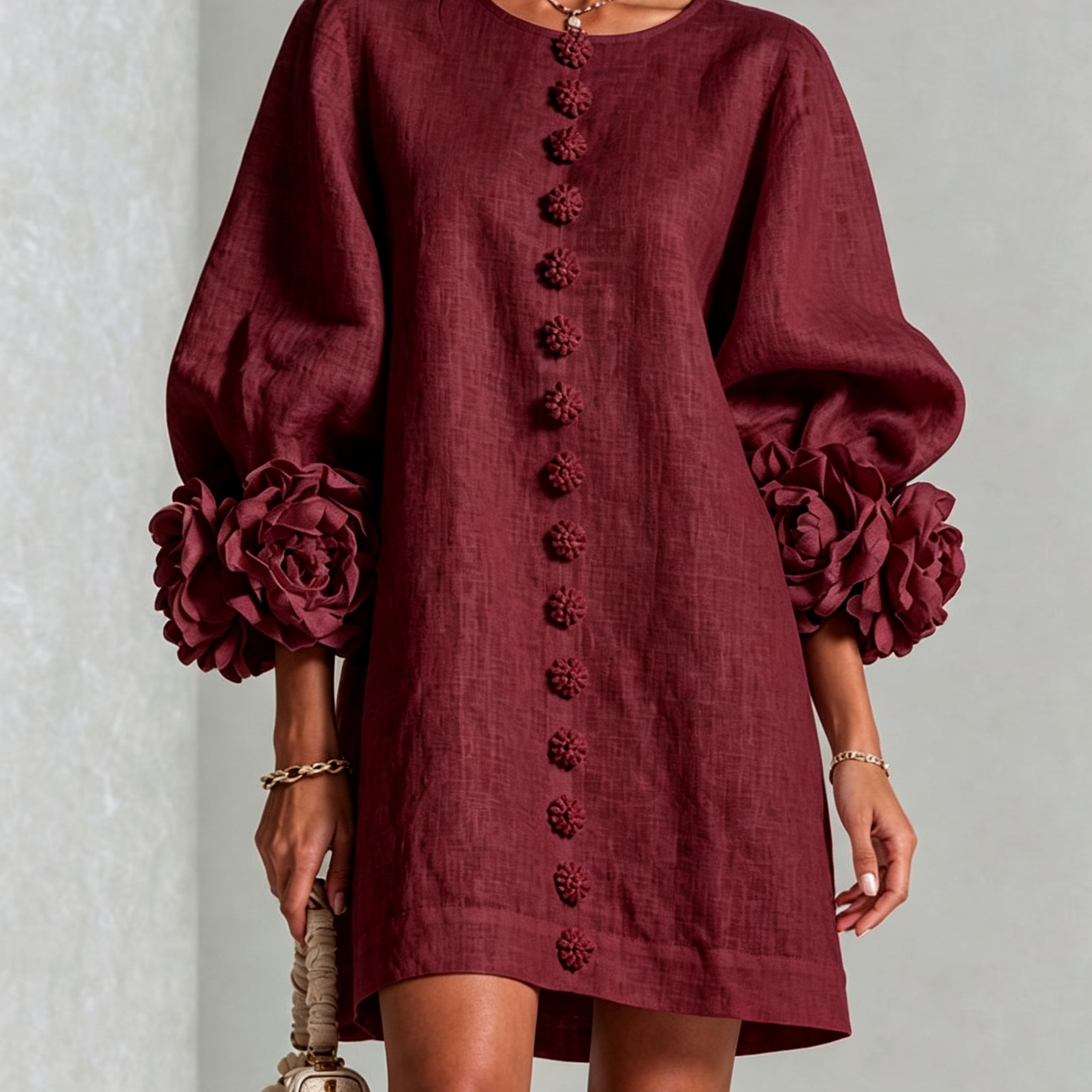 Burgundy Mini Dress with Floral Buttons and Flower Cuffs — view 2