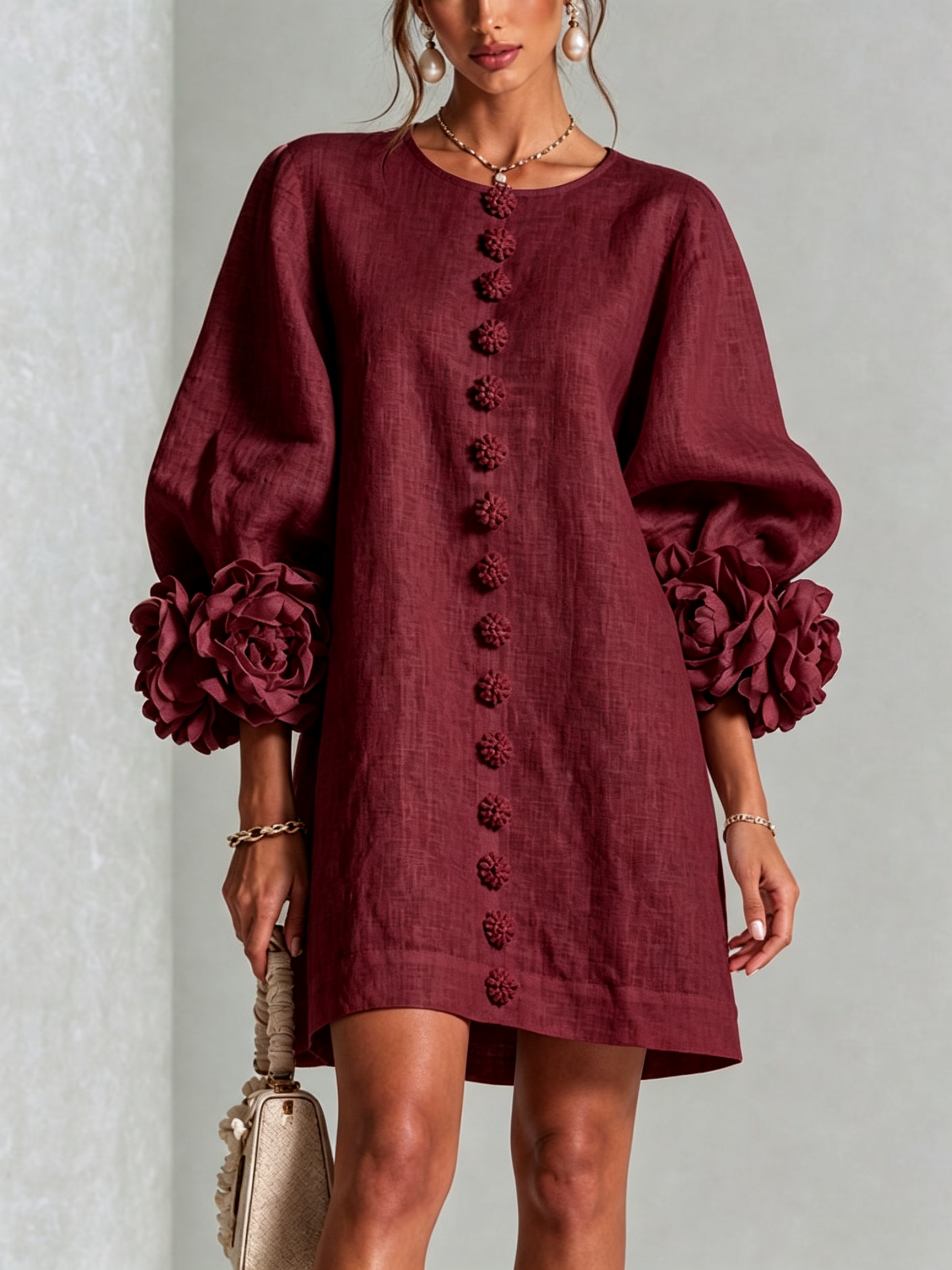 Burgundy Mini Dress with Floral Buttons and Flower Cuffs — view 2