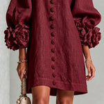 Burgundy Mini Dress with Floral Buttons and Flower Cuffs — view 7