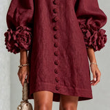 Burgundy Mini Dress with Floral Buttons and Flower Cuffs — view 7