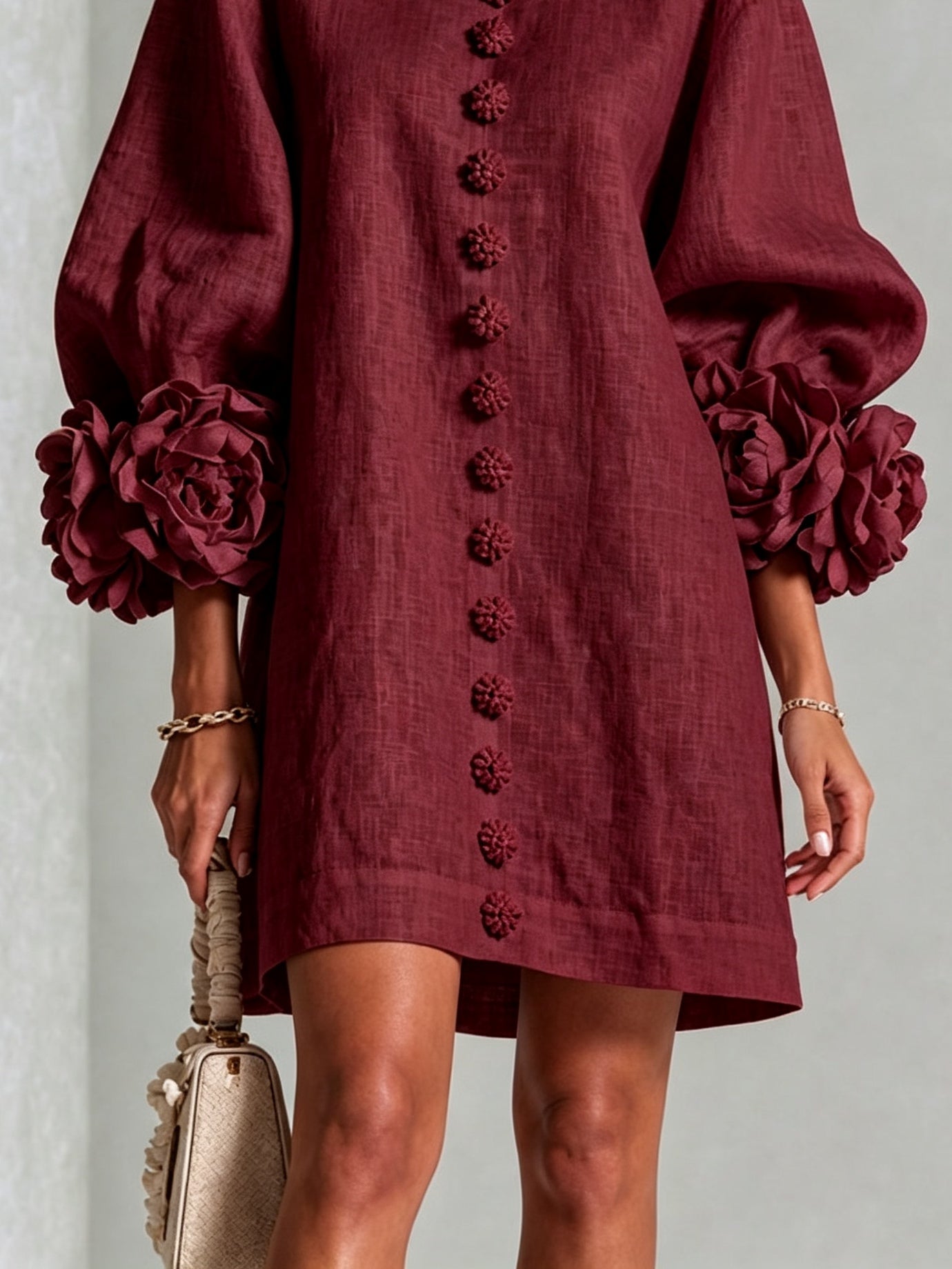 Burgundy Mini Dress with Floral Buttons and Flower Cuffs — view 7