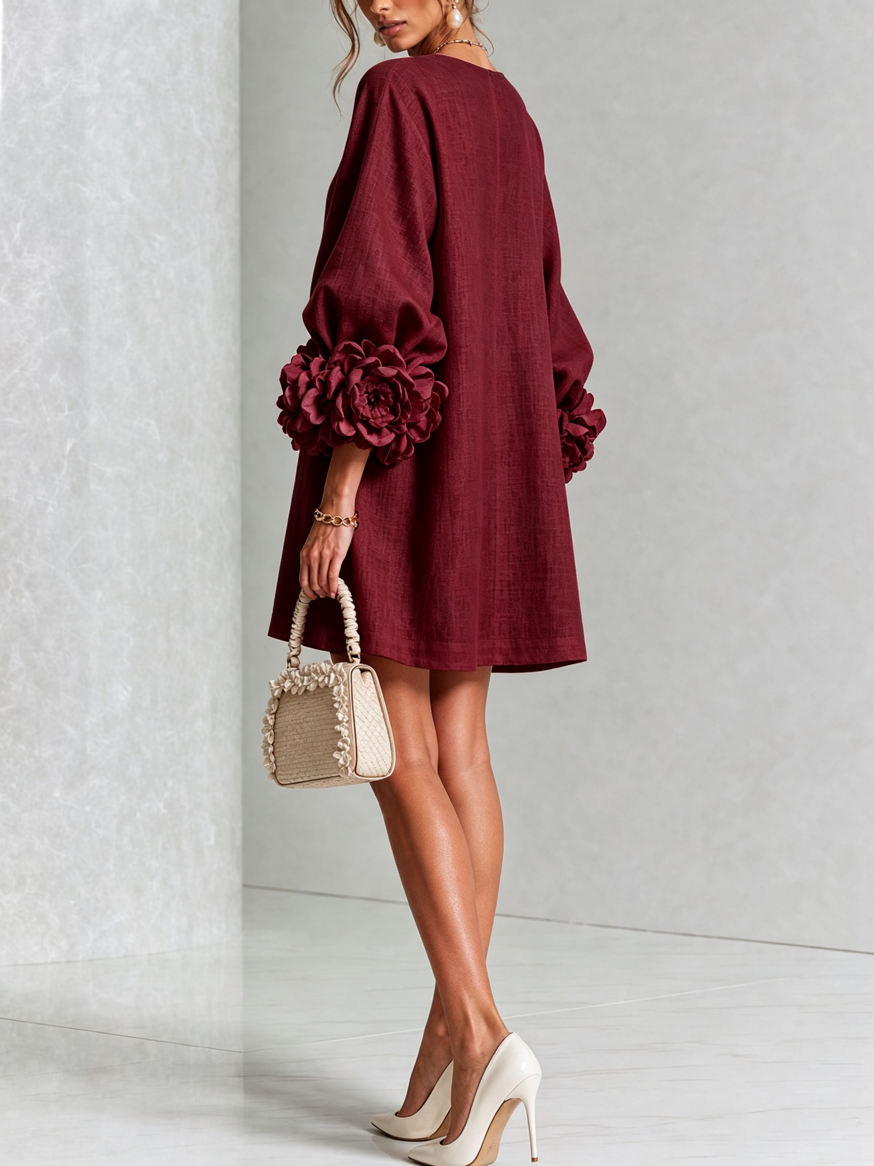 Burgundy Mini Dress with Floral Buttons and Flower Cuffs — view 4