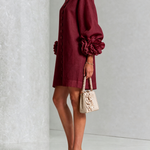 Burgundy Mini Dress with Floral Buttons and Flower Cuffs — view 3