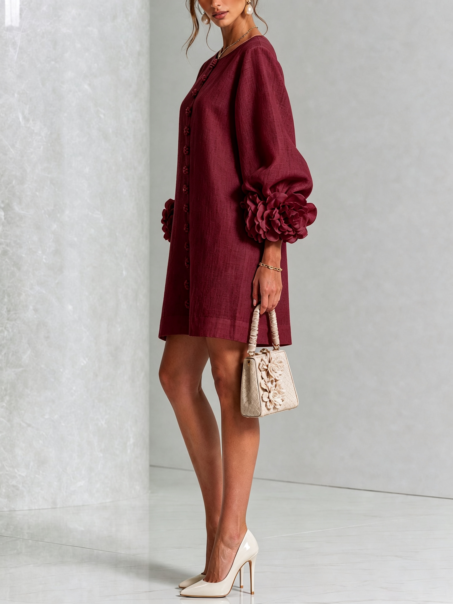 Burgundy Mini Dress with Floral Buttons and Flower Cuffs — view 3