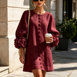 Burgundy Mini Dress with Floral Buttons and Flower Cuffs — view 5