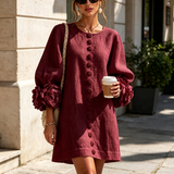Burgundy Mini Dress with Floral Buttons and Flower Cuffs — view 5