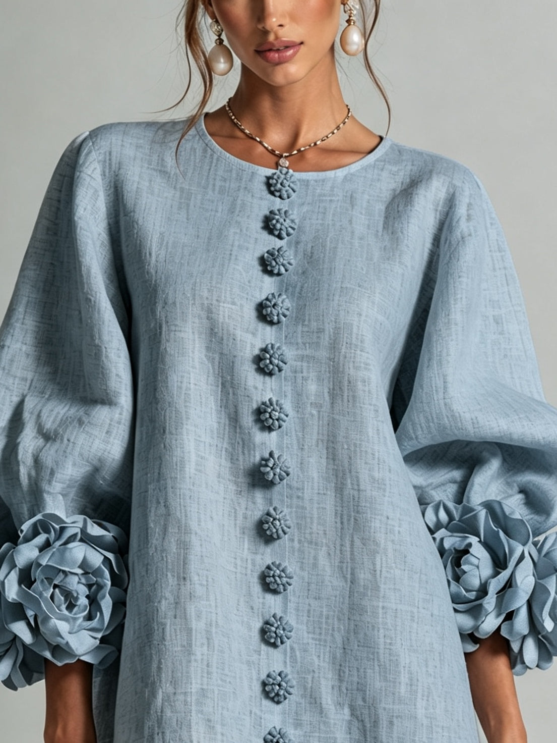 Dusty Blue Mini Dress with Floral Buttons and Special Cuffs