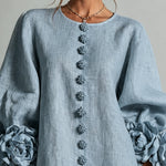 Dusty Blue Mini Dress with Floral Buttons and Special Cuffs