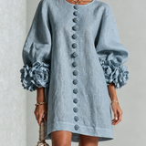 Dusty Blue Mini Dress with Floral Buttons and Special Cuffs — view 2