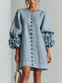 Dusty Blue Mini Dress with Floral Buttons and Special Cuffs — view 2