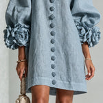 Dusty Blue Mini Dress with Floral Buttons and Special Cuffs — view 6