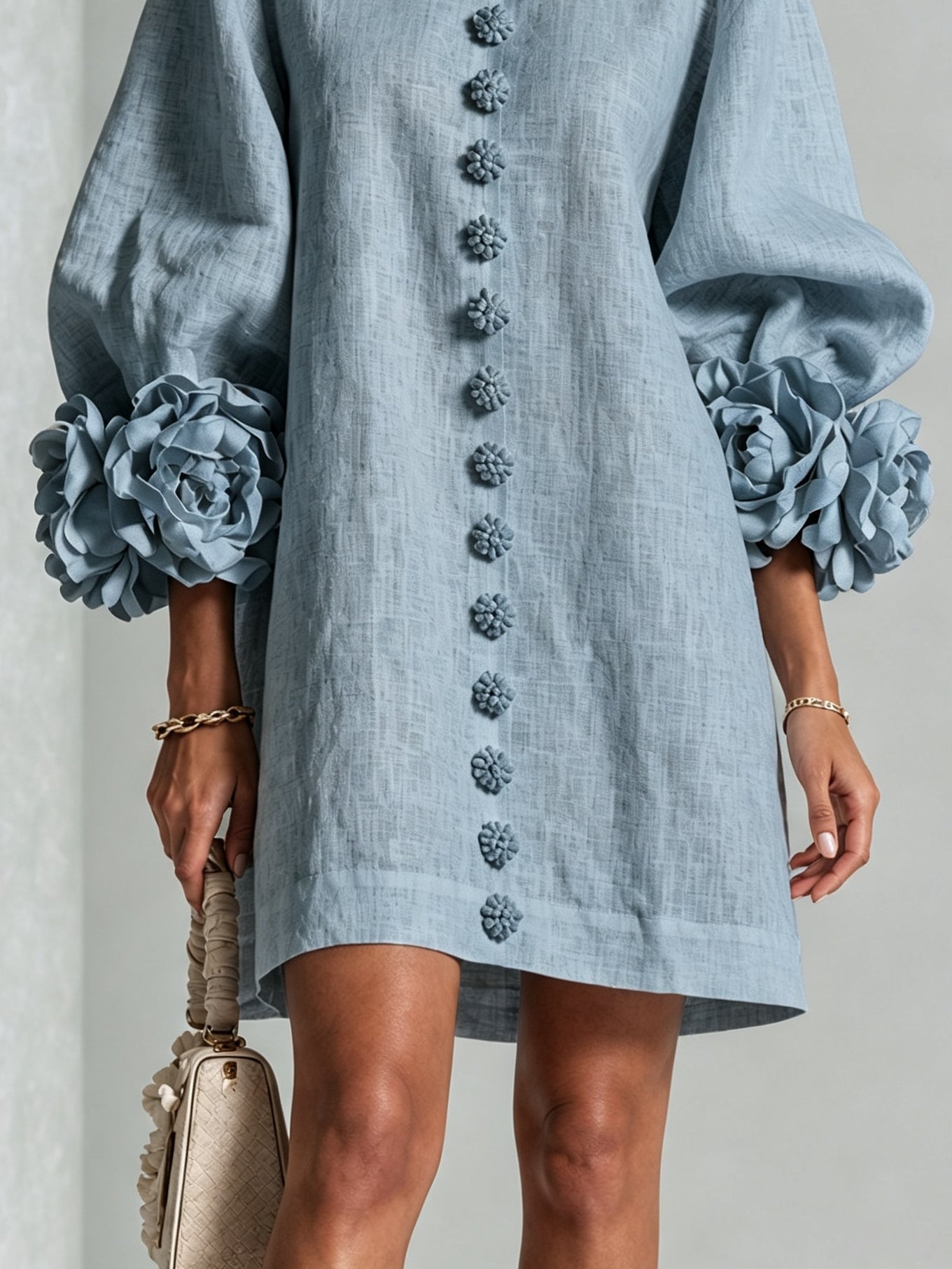 Dusty Blue Mini Dress with Floral Buttons and Special Cuffs — view 6