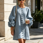 Dusty Blue Mini Dress with Floral Buttons and Special Cuffs — view 5