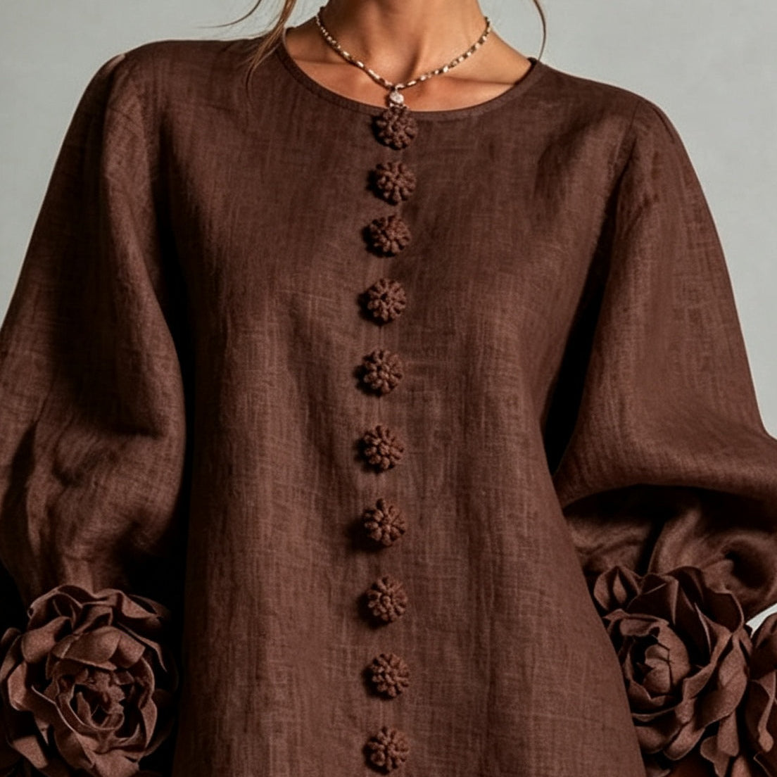 Chocolate Brown Mini Dress with Floral Buttons and Special Cuffs