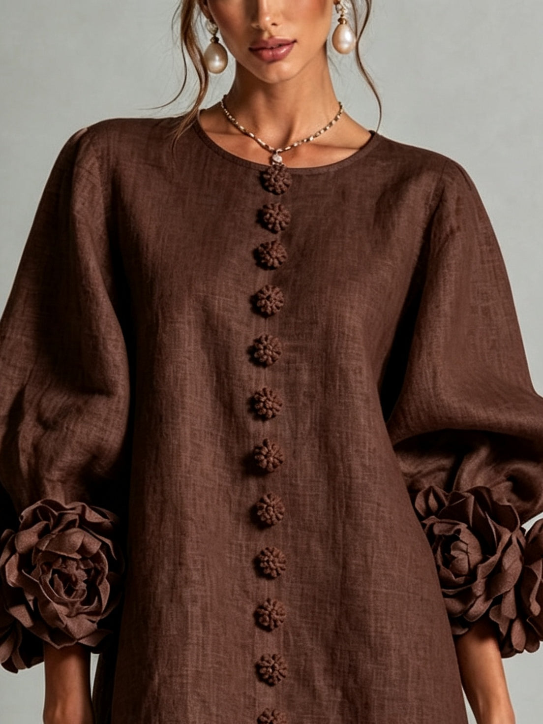 Chocolate Brown Mini Dress with Floral Buttons and Special Cuffs