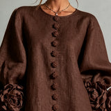 Chocolate Brown Mini Dress with Floral Buttons and Special Cuffs