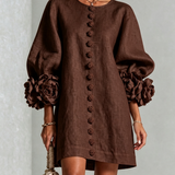 Chocolate Brown Mini Dress with Floral Buttons and Special Cuffs — view 2
