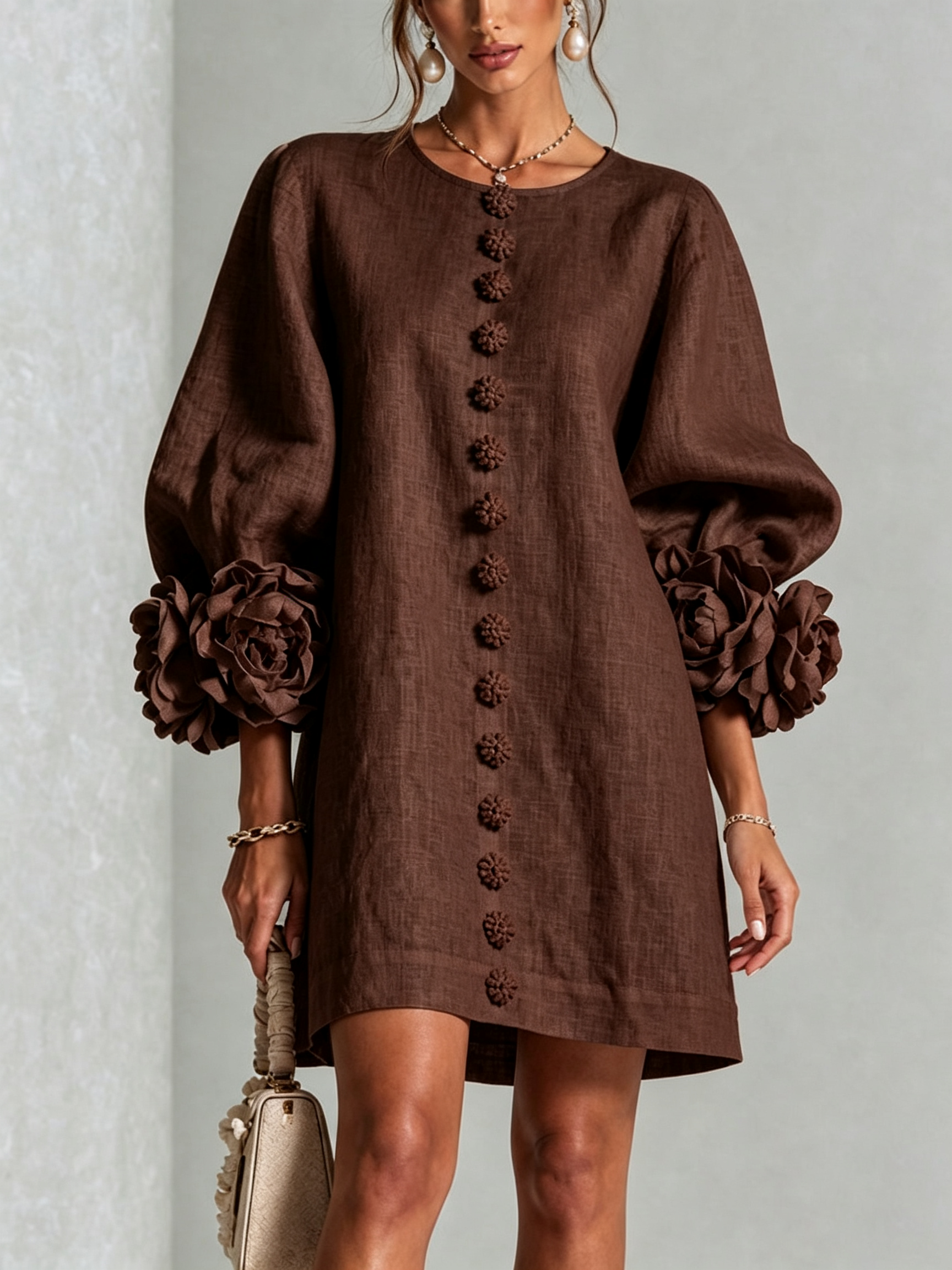 Chocolate Brown Mini Dress with Floral Buttons and Special Cuffs — view 2