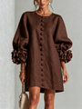 Chocolate Brown Mini Dress with Floral Buttons and Special Cuffs — view 2