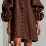 Chocolate Brown Mini Dress with Floral Buttons and Special Cuffs — view 6