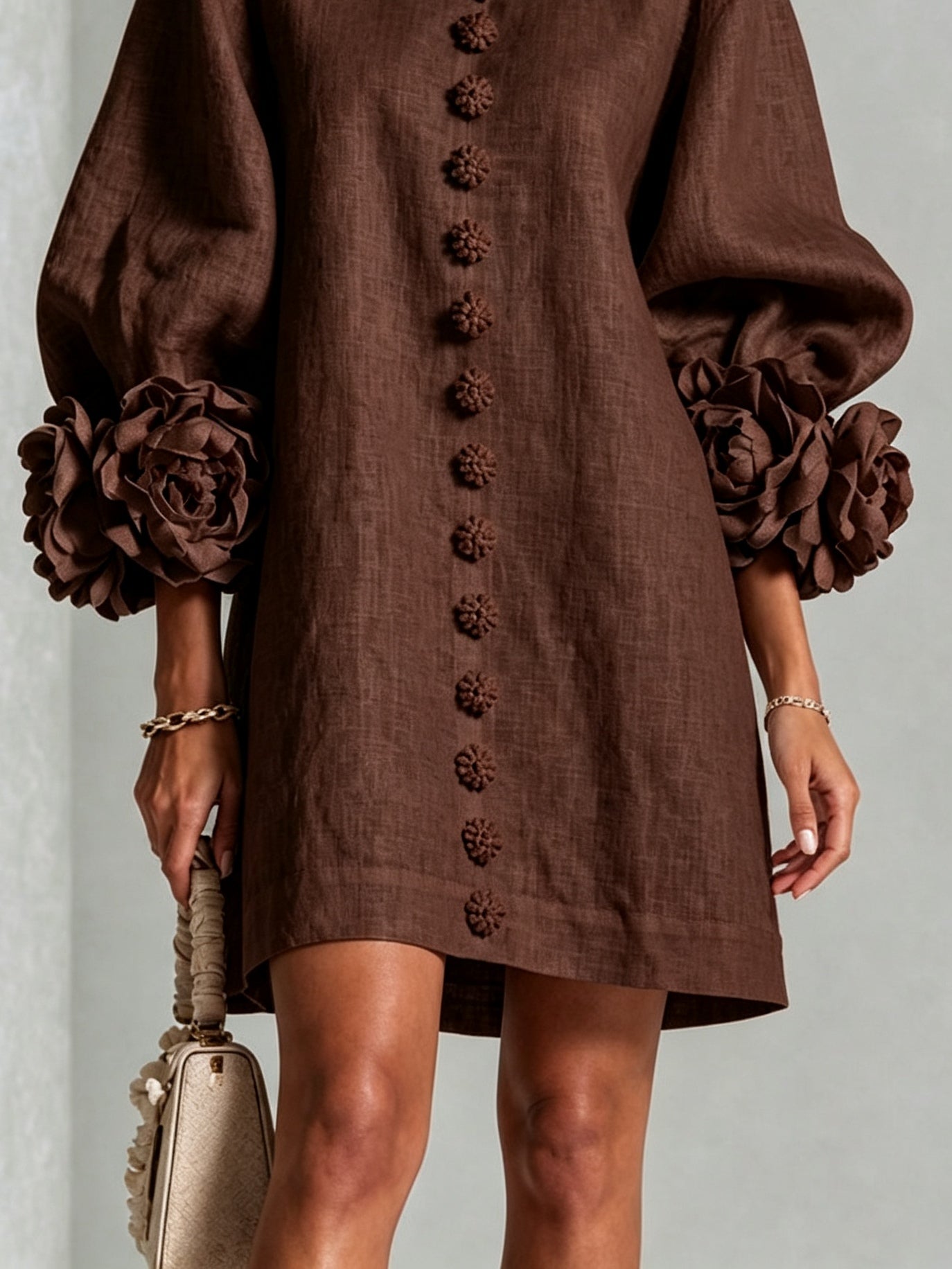 Chocolate Brown Mini Dress with Floral Buttons and Special Cuffs — view 6