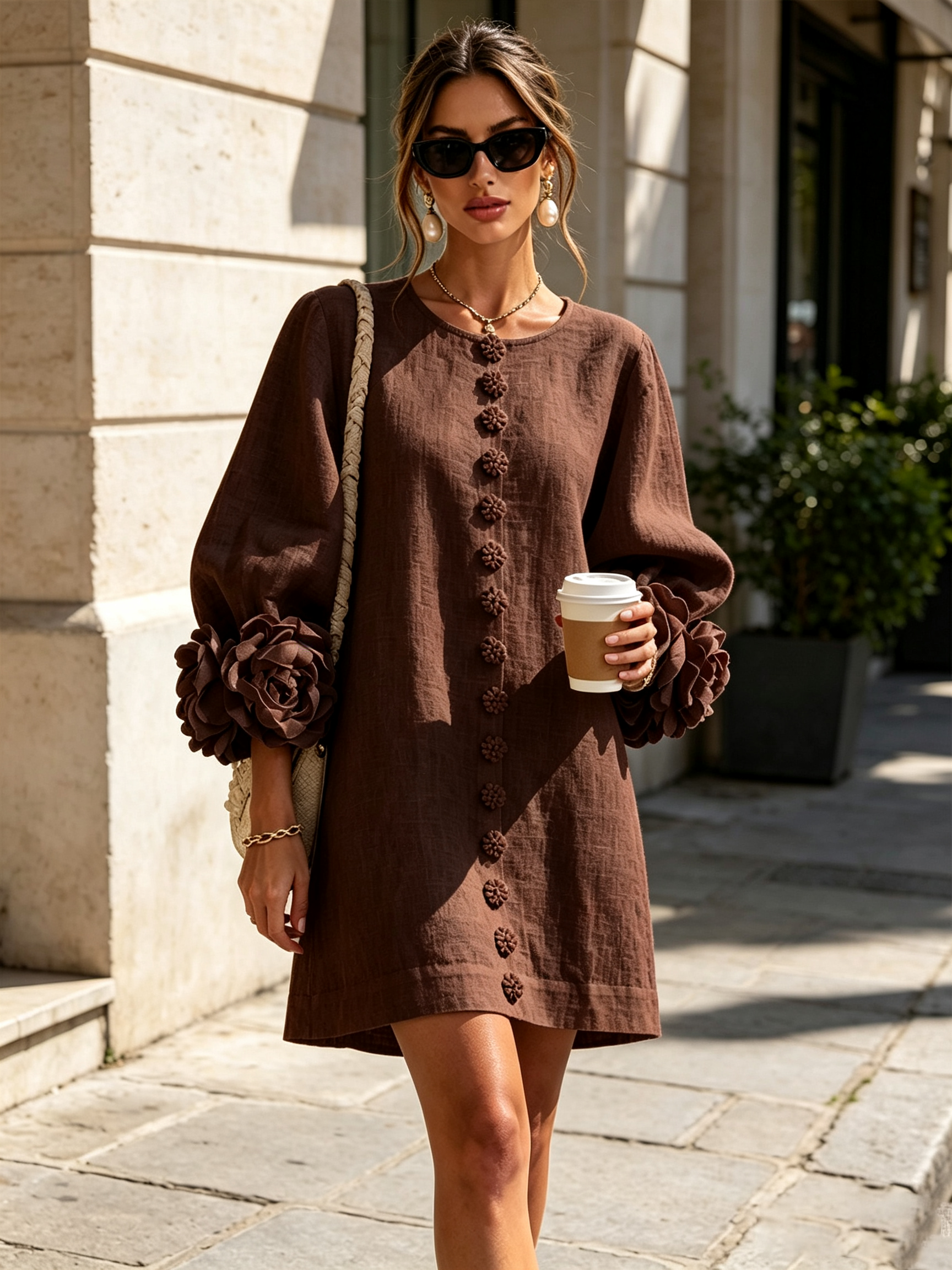Chocolate Brown Mini Dress with Floral Buttons and Special Cuffs — view 5