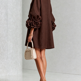 Chocolate Brown Mini Dress with Floral Buttons and Special Cuffs — view 4