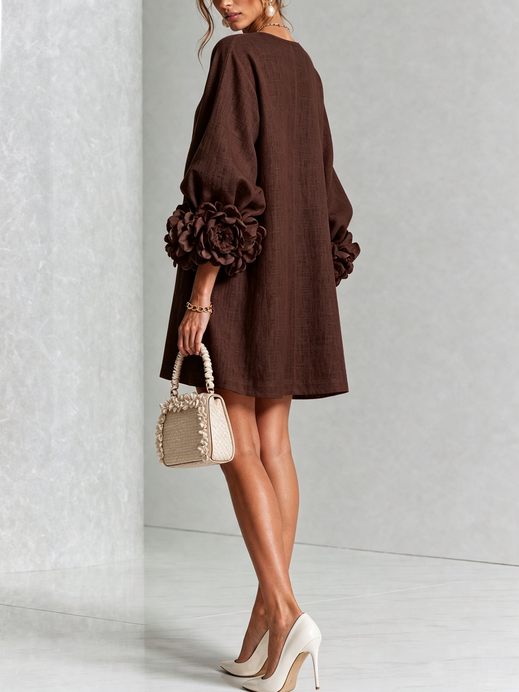 Chocolate Brown Mini Dress with Floral Buttons and Special Cuffs — view 4