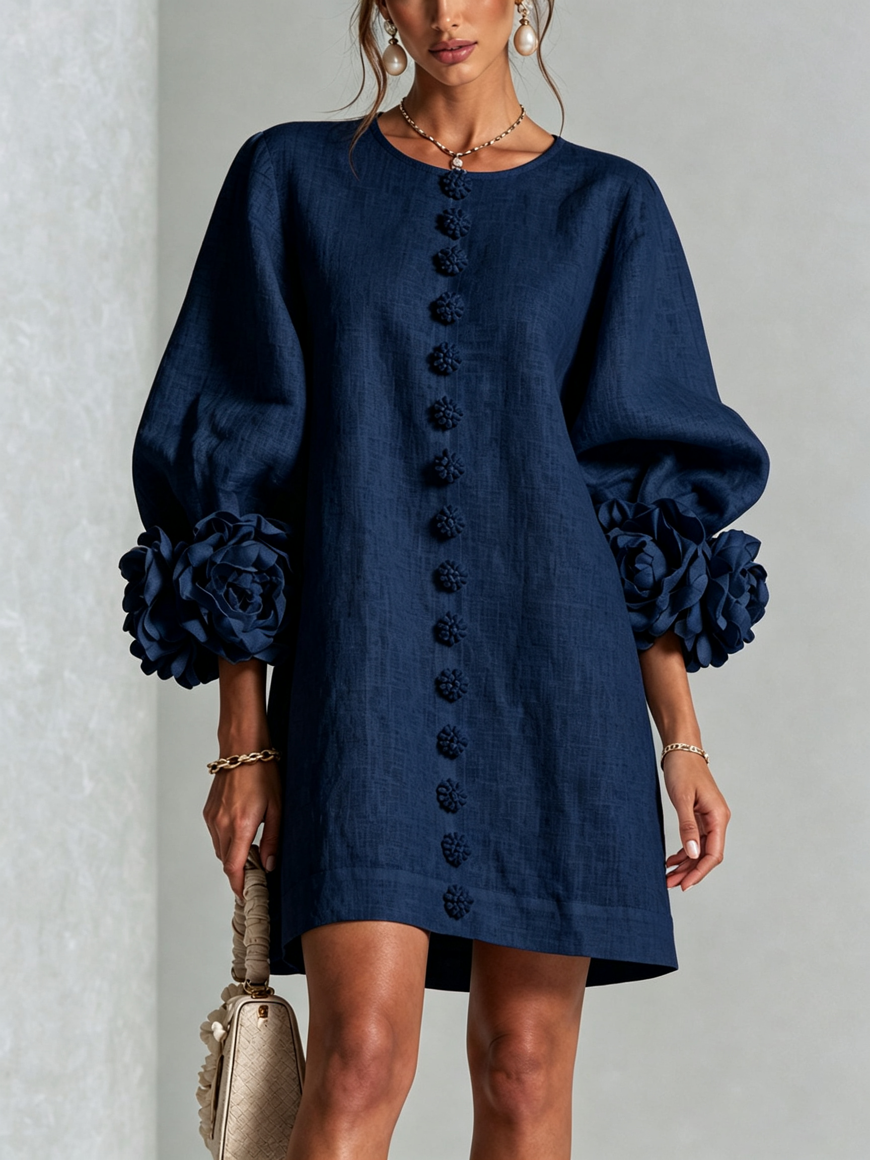 Mini Dress in Navy with Floral Buttons and Rose-Shaped Cuffs — view 2