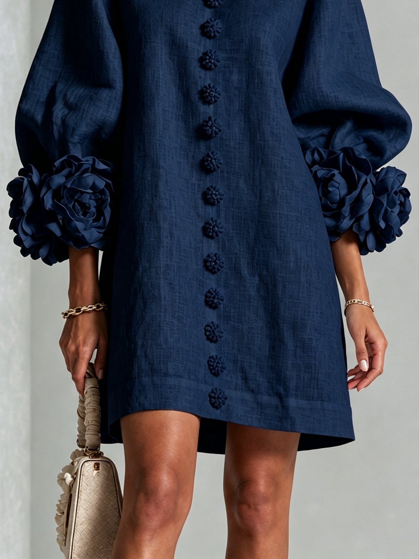 Mini Dress in Navy with Floral Buttons and Rose-Shaped Cuffs — view 6