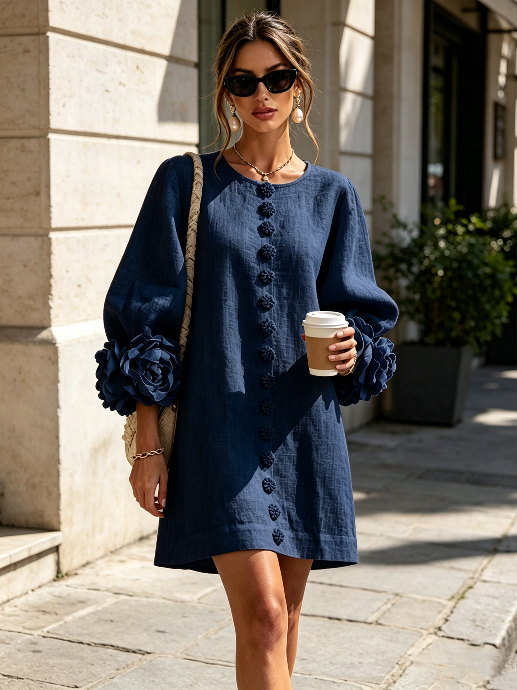 Mini Dress in Navy with Floral Buttons and Rose-Shaped Cuffs — view 5