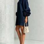 Mini Dress in Navy with Floral Buttons and Rose-Shaped Cuffs — view 3