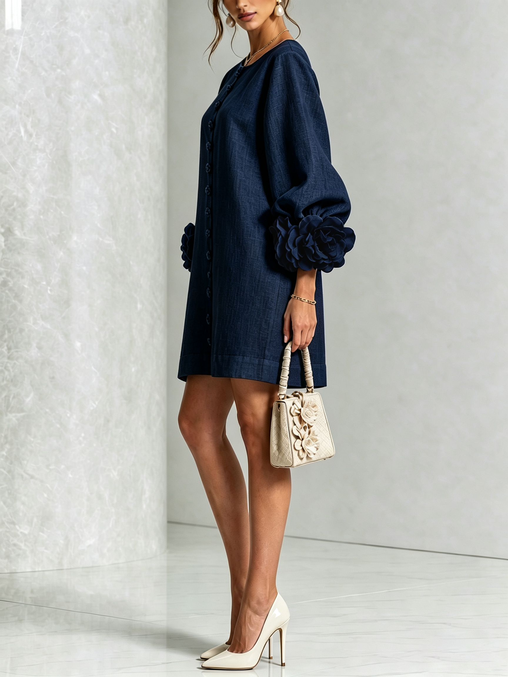 Mini Dress in Navy with Floral Buttons and Rose-Shaped Cuffs — view 3