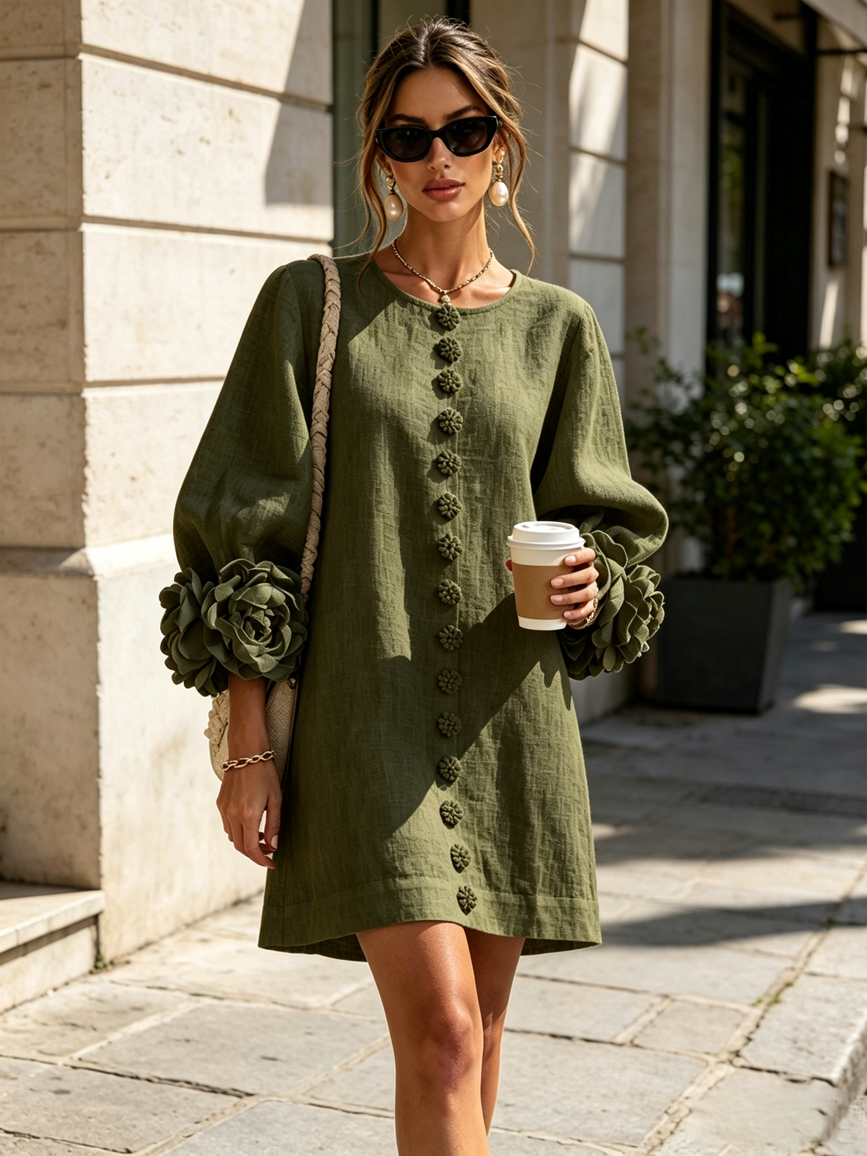 Mini Dress with Floral Cuffs and Decorative Buttons — view 5