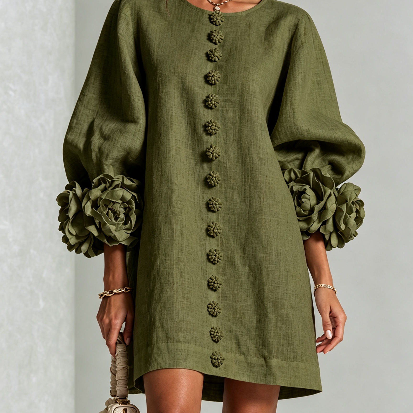 Mini Dress with Floral Cuffs and Decorative Buttons — view 2