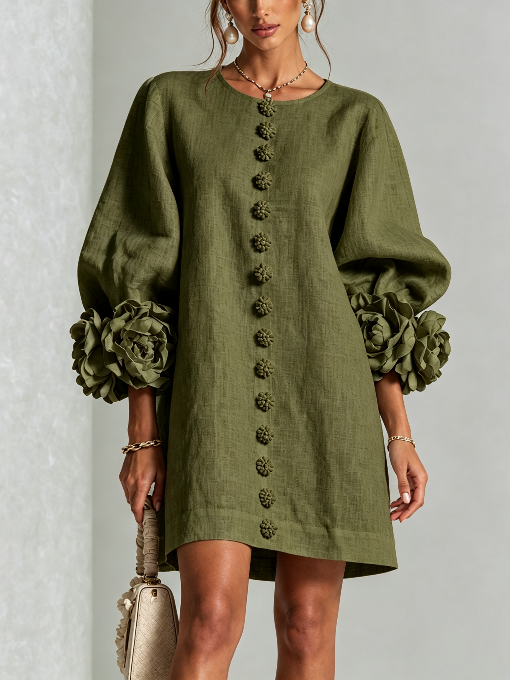 Mini Dress with Floral Cuffs and Decorative Buttons — view 2