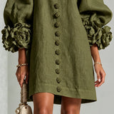 Mini Dress with Floral Cuffs and Decorative Buttons — view 6