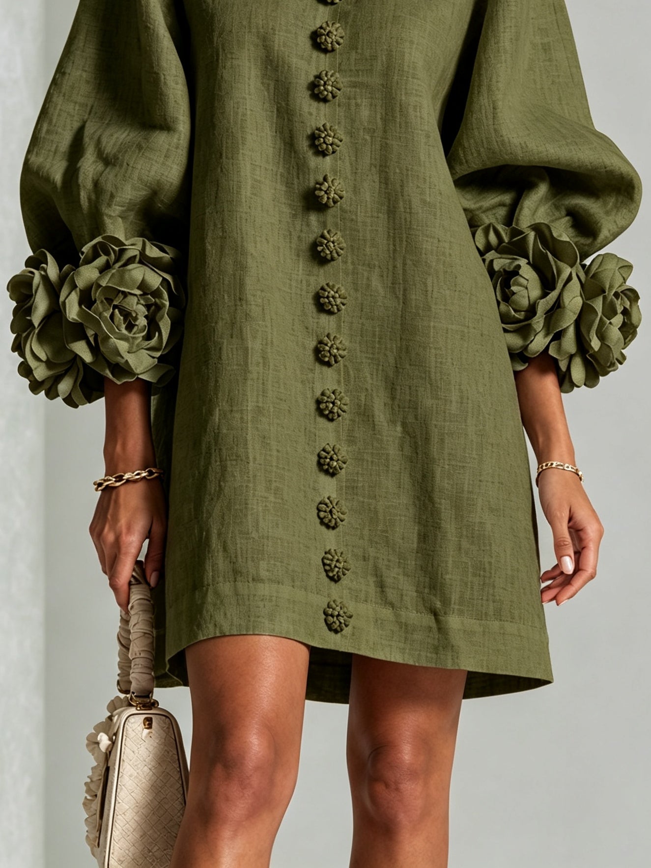 Mini Dress with Floral Cuffs and Decorative Buttons — view 6