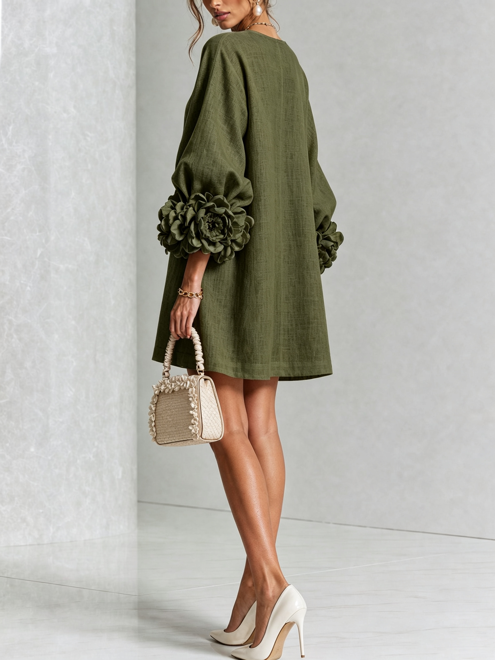 Mini Dress with Floral Cuffs and Decorative Buttons — view 4
