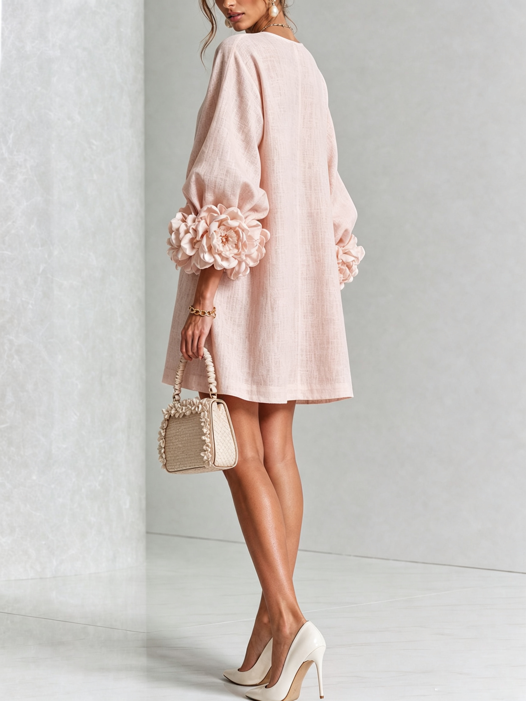 White Floral Mini Dress with Decorated Cuffs — view 20