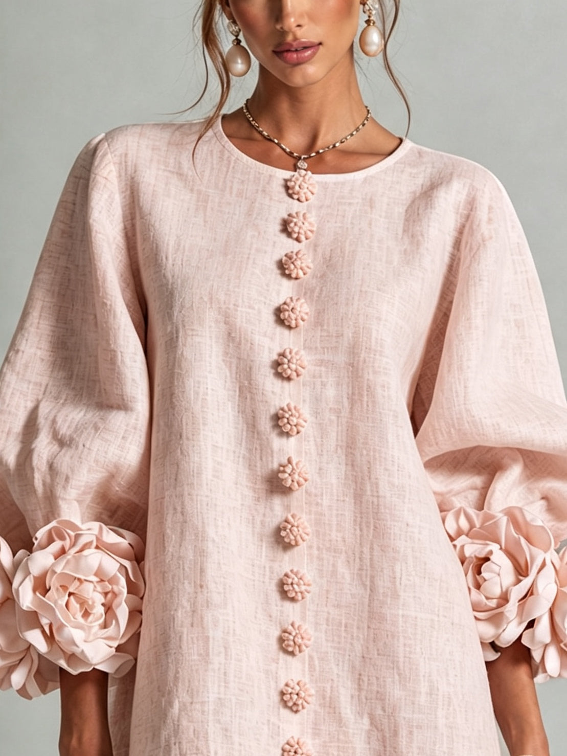 Pink Mini Dress with Floral Buttons and Rose-Shaped Cuffs