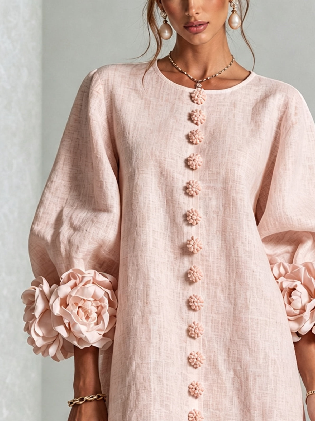 Pink Mini Dress with Floral Buttons and Rose-Shaped Cuffs — view 6
